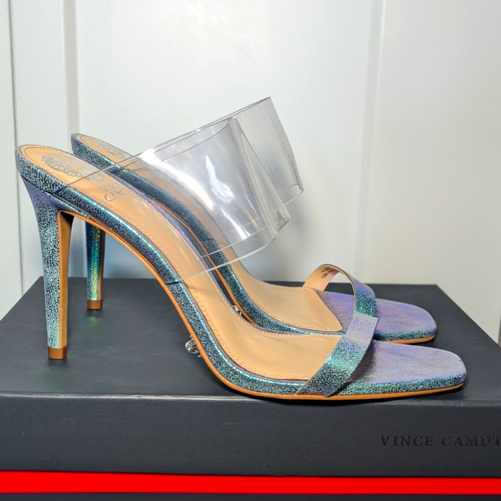 New Vince Camuto Ashta Holographic Clear Wrapped Stilleto High Heeled Mule 10